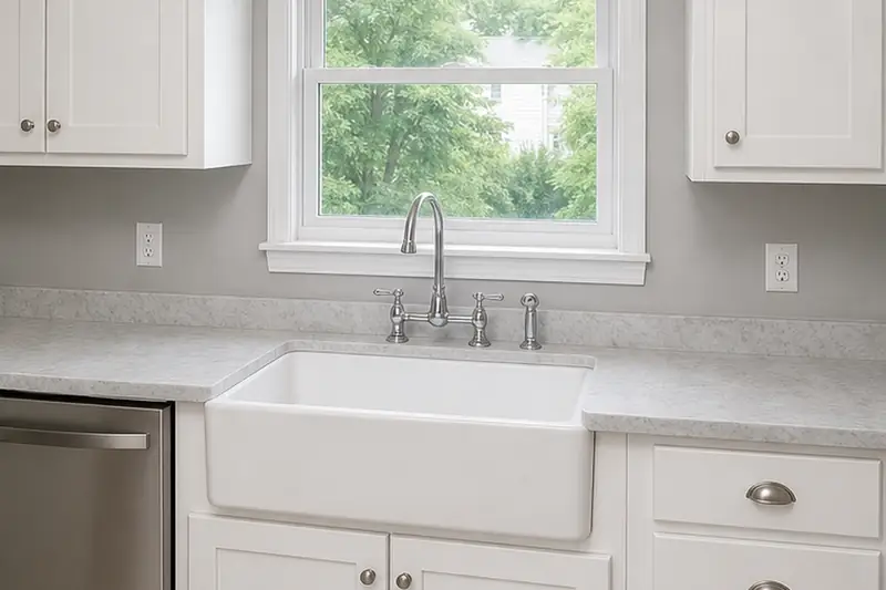 Kitchen after cabinet refinishing and updated finishes