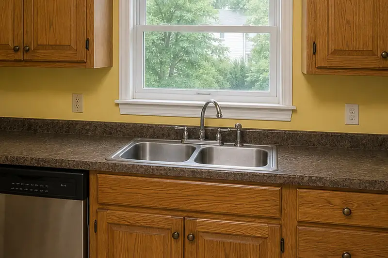 Kitchen before cabinet refinishing and finish work