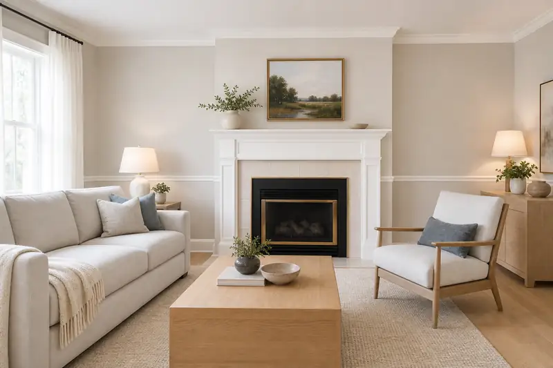 Living room after interior painting with soft grey walls and white trim