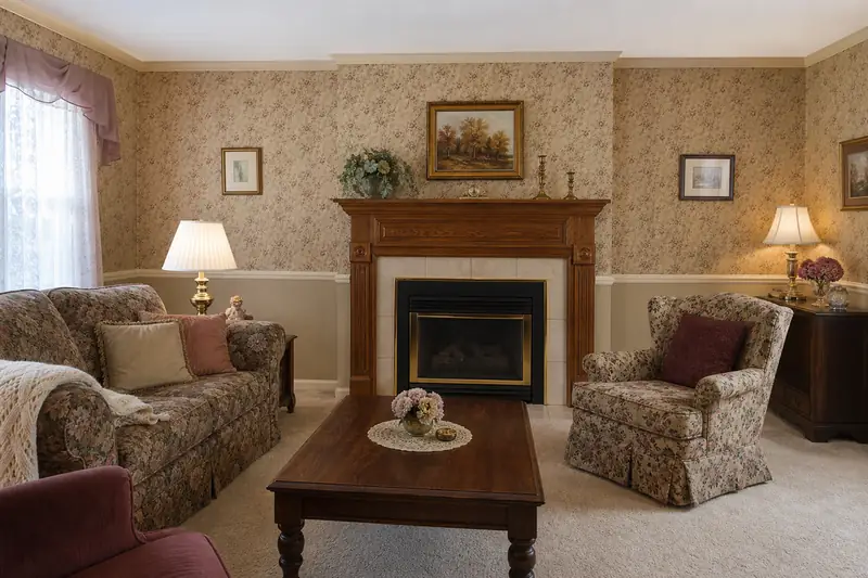 Living room before painting with floral wallpaper and dated walls